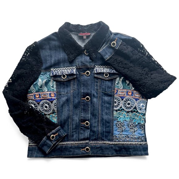 Mischa Embroidered Denim Jacket Lace Sleeves Women's Size XL - Picture 3 of 5